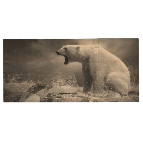 White Polar Bear Hunter on the Ice in water Wood USB Flash Drive