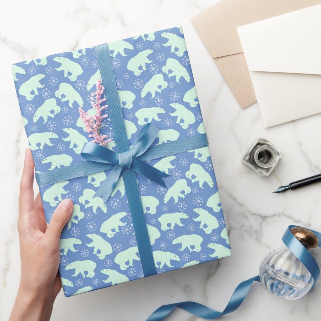 White Polar Bear on Blue All Occasion Wrapping Paper (Gifting)