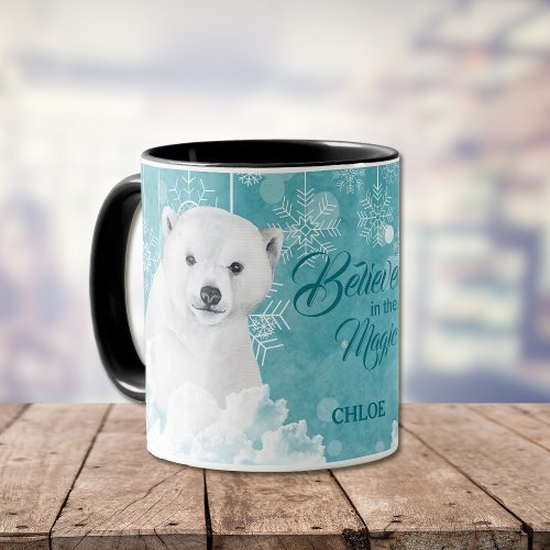 White Polar Bear Teal Snowflake Believe Mug