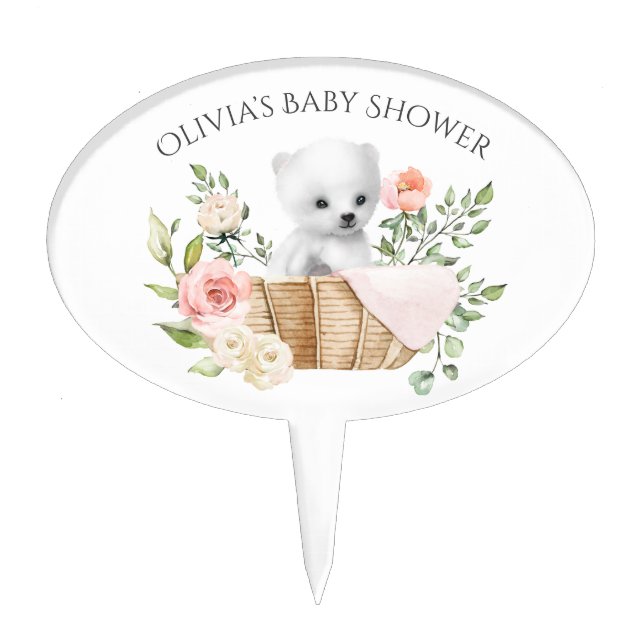 White Polar Bear Watercolor Baby Shower Cake Topper (Front)