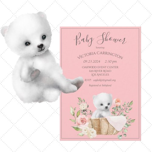 White Polar Bear Watercolor Baby Shower Invitation