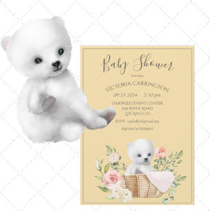 White Polar Bear Watercolor Yellow Baby Shower Invitation