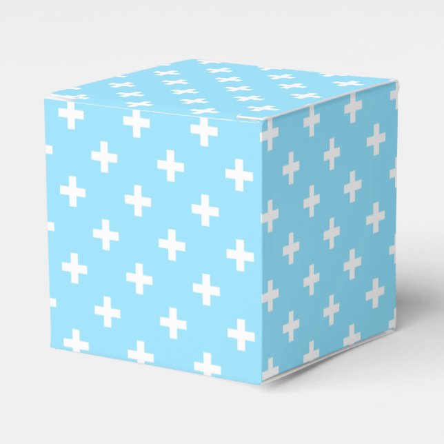 White polka crosses on baby blue favor boxes (Front Side)