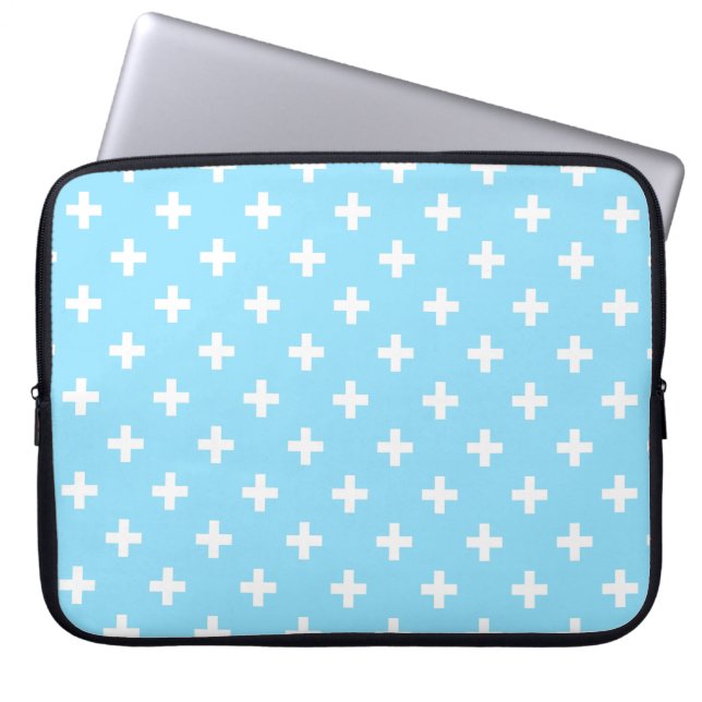 White polka crosses on baby blue laptop sleeve (Front)