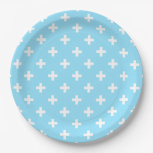 White polka crosses on baby blue paper plates