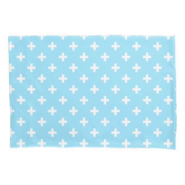 White polka crosses on baby blue pillow case (Front)