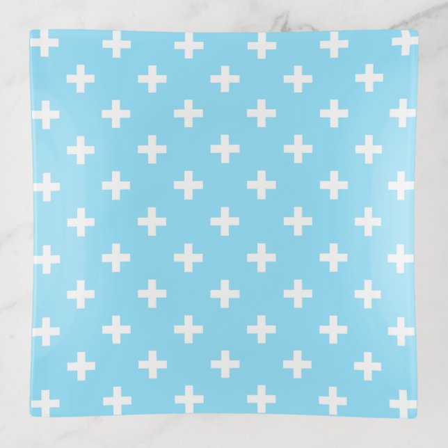 White polka crosses on baby blue trinket tray (Front)