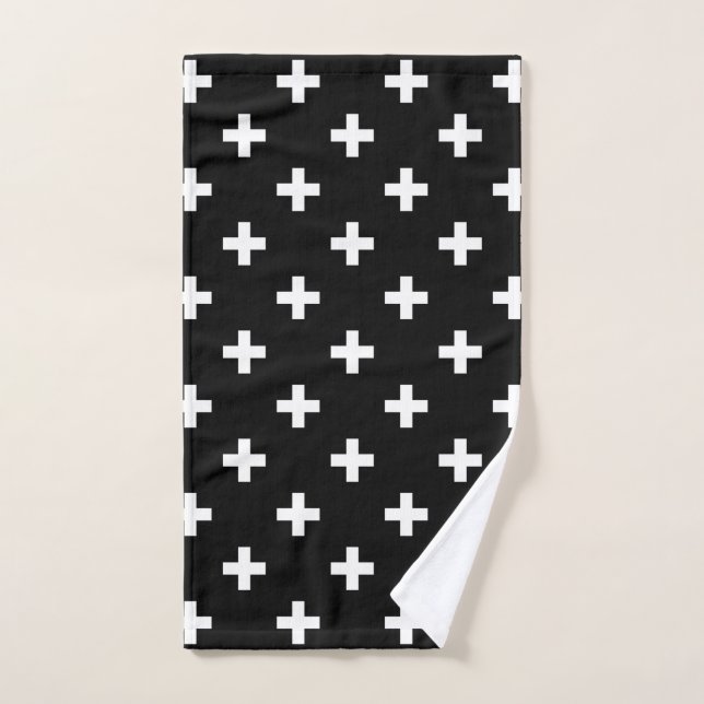White polka crosses on black hand towel  (Hand Towel)