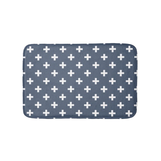 White polka crosses on blue-gray bath mat (Front)
