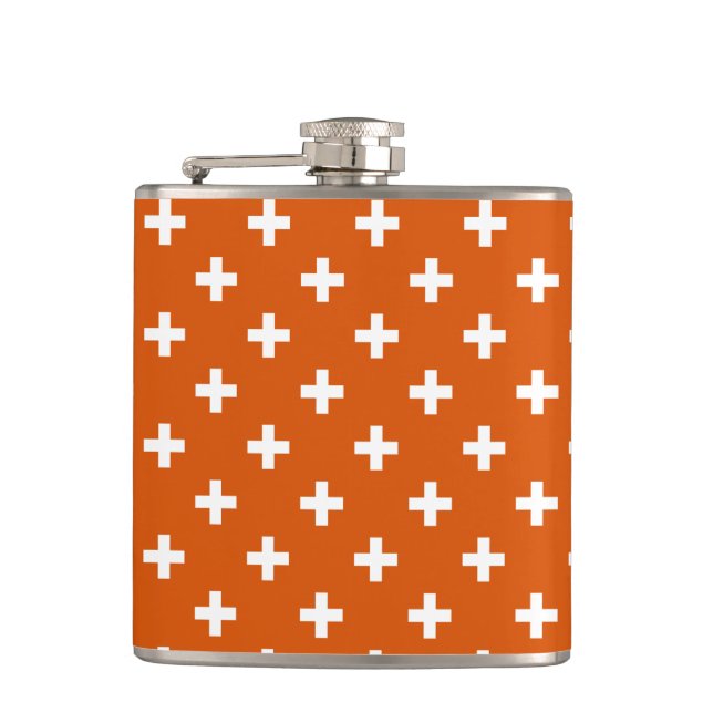 White polka crosses on burnt orange flask (Front)