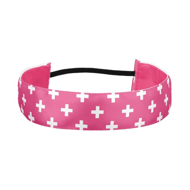 White polka crosses on fuchsia athletic headband (Front)