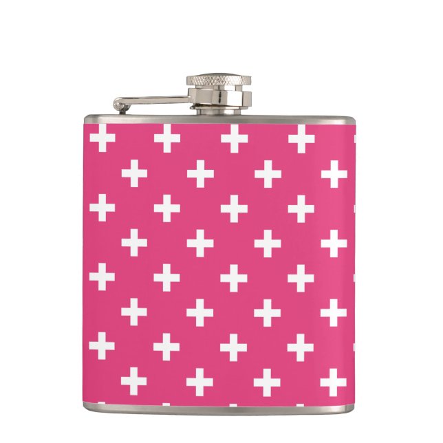 White polka crosses on fuchsia flask (Front)