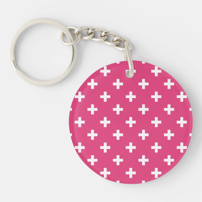 White polka crosses on fuchsia keychain (Front)