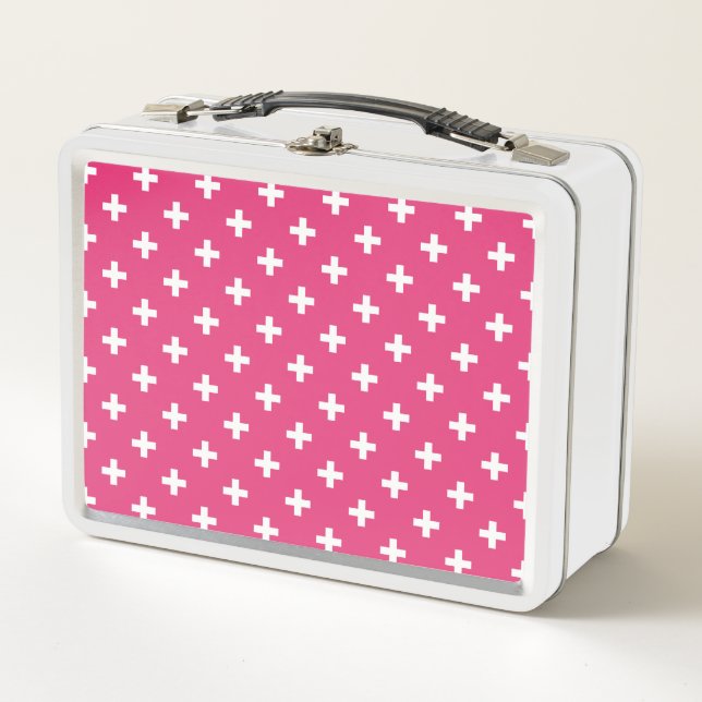 White polka crosses on fuchsia metal lunch box (Front)