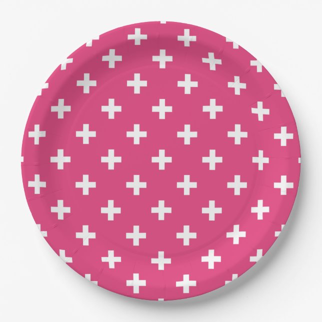 White polka crosses on fuchsia paper plates (Front)
