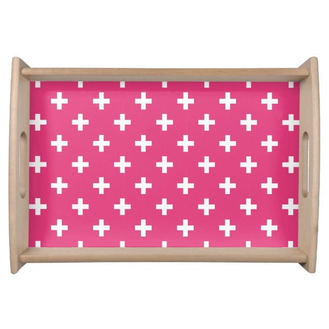White polka crosses on fuchsia serving tray (Front)