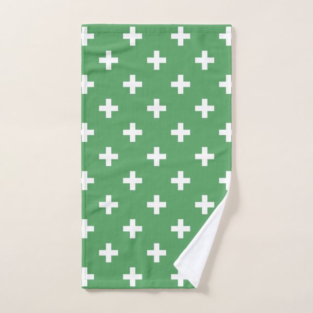 White polka crosses on green hand towel  (Hand Towel)