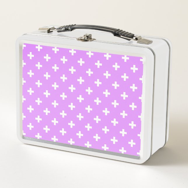 White polka crosses on lilac metal lunch box (Front)