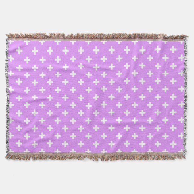 White polka crosses on lilac throw blanket (Front)
