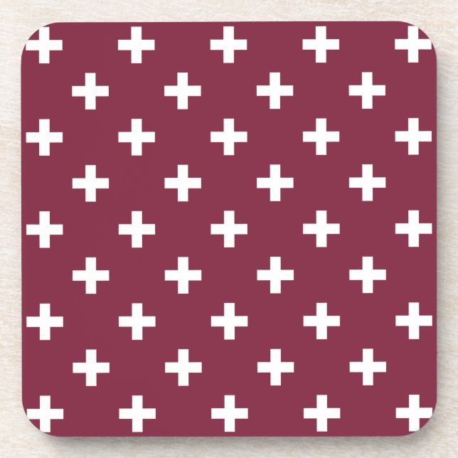 White polka crosses on mulberry beverage coaster (Front)