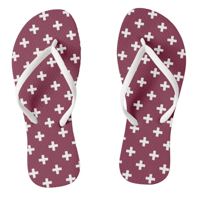 White polka crosses on mulberry flip flops (Footbed)