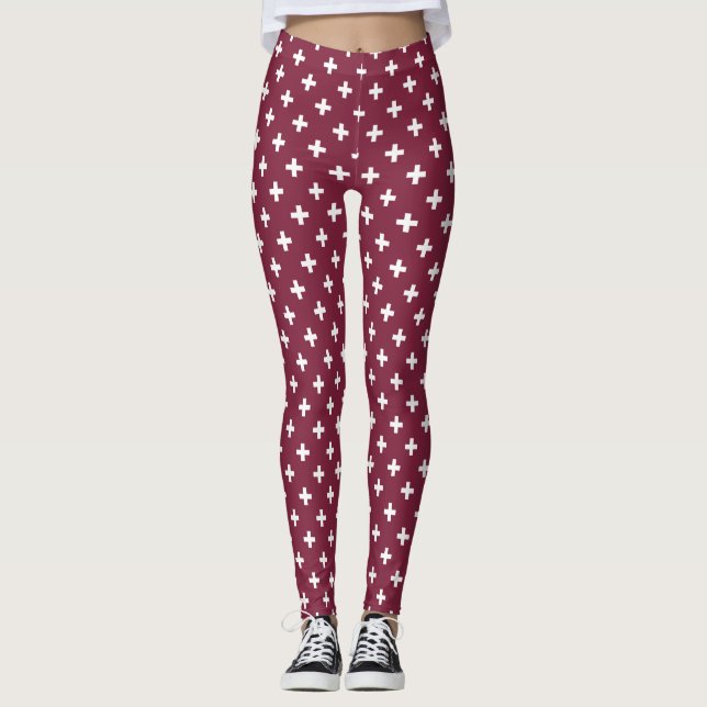 White polka crosses on mulberry leggings (Front)