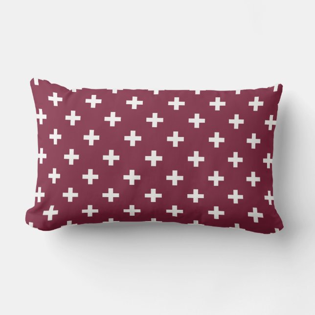 White polka crosses on mulberry lumbar pillow (Front)
