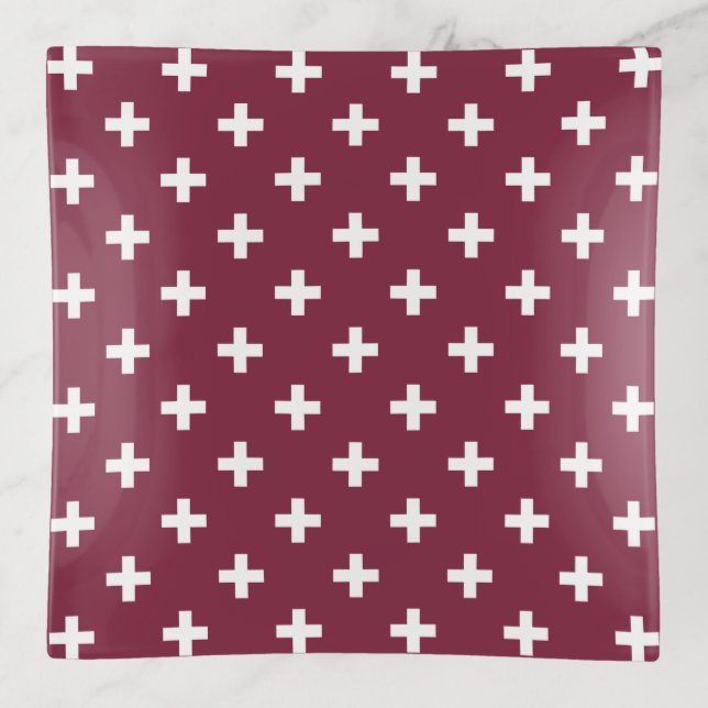 White polka crosses on mulberry trinket tray (Front)