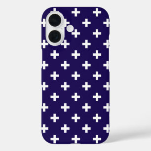 White polka crosses on navy blue iPhone 16 case