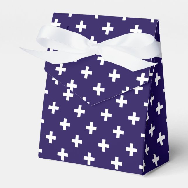 White polka crosses on navy blue favor boxes (Front Side)