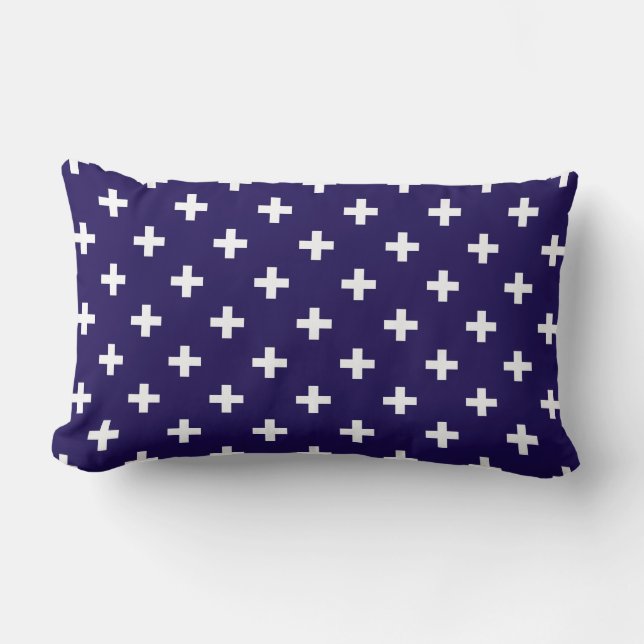 White polka crosses on navy blue lumbar pillow (Front)