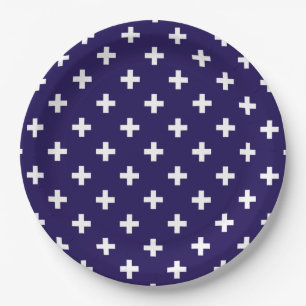 White polka crosses on navy blue paper plates