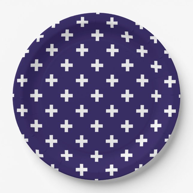 White polka crosses on navy blue paper plates (Front)