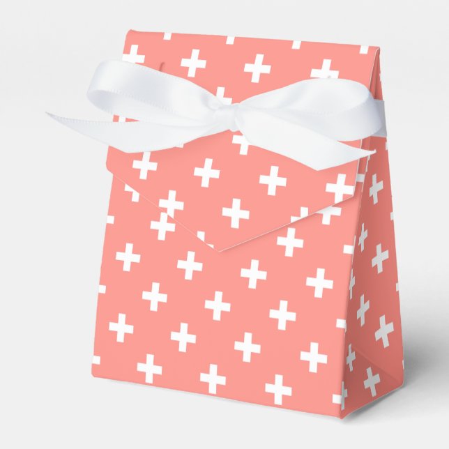 White polka crosses on peach favor boxes (Front Side)