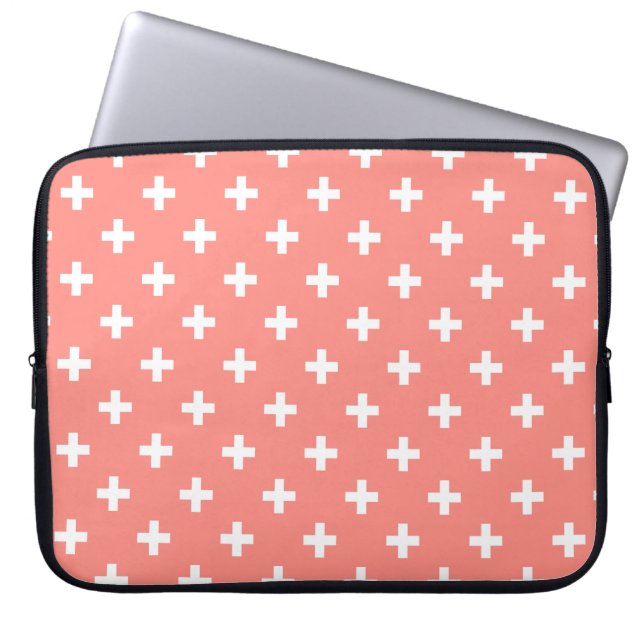 White polka crosses on peach laptop sleeve (Front)