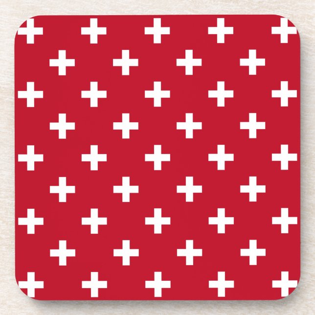 White polka crosses on red beverage coaster (Front)