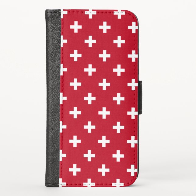 White polka crosses on red iPhone wallet case (Front)