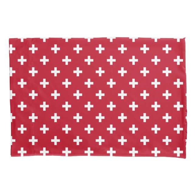 White polka crosses on red pillow case (Front)