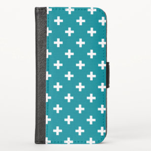White polka crosses on teal iPhone x wallet case