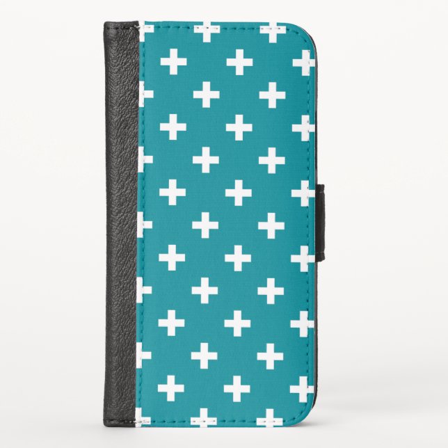 White polka crosses on teal iPhone wallet case (Front)
