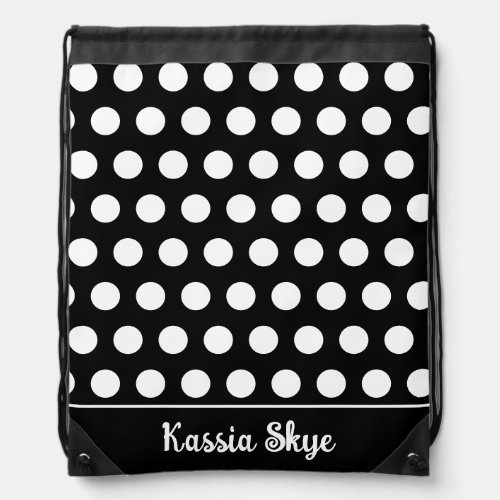 White Polka Dot Black Personalized Name Drawstring Bag