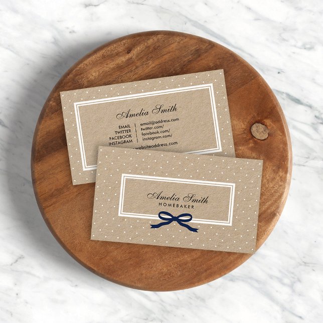 White Polka Dot Blue Ribbon Social Media Kraft Business Card (Creator Uploaded)