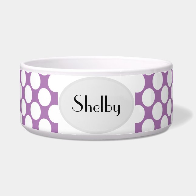 White Polka Dot Ceramic Dog Food Bowl - HAMbWG (Front)