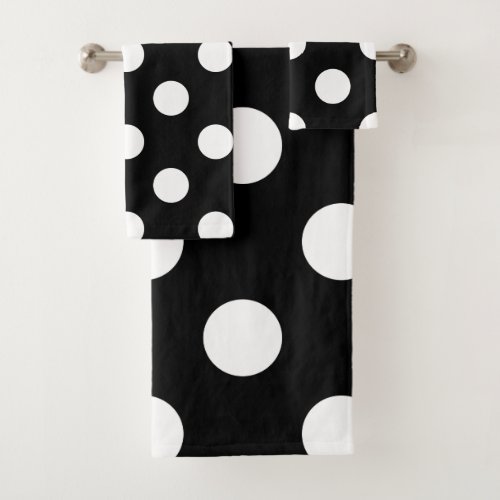 White Polka Dot on Black Pattern Bath Towel Set