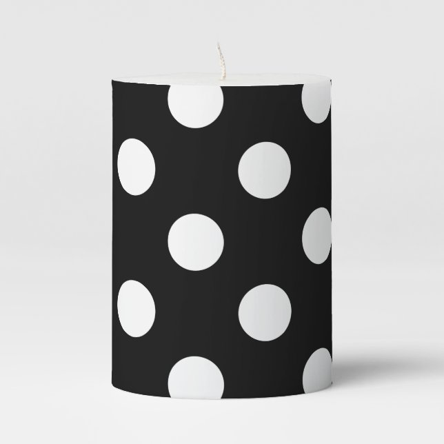 White Polka Dot on Black Pattern Pillar Candle (Front)