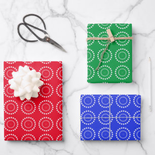 White Polka Dot on Red, Blue, Green Wrapping Paper Sheets