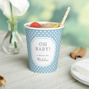 White Polka Dot Pattern Oh Baby Shower Blue Paper Cups