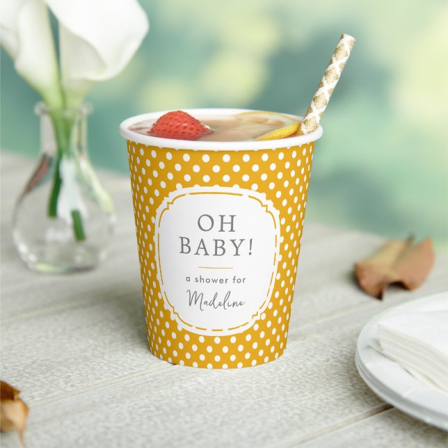 White Polka Dot Pattern Oh Baby Shower Mustard Paper Cups (Insitu)