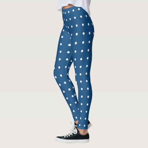 White Polka Dot Pattern on Dark Blue Leggings