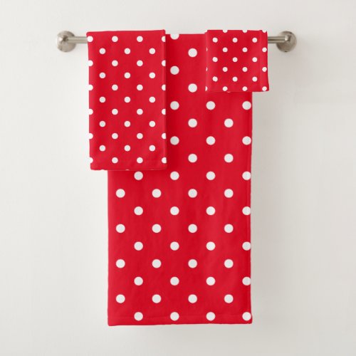 White Polka Dot Pattern On Red Background Bath Towel Set